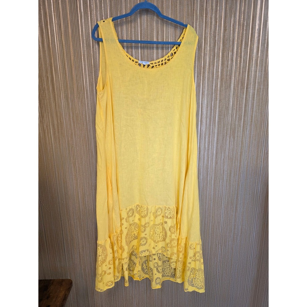 Cristina Vergani Italy Yellow Linen Cotton Crochet Back Maxi Lace Dress XL Boho